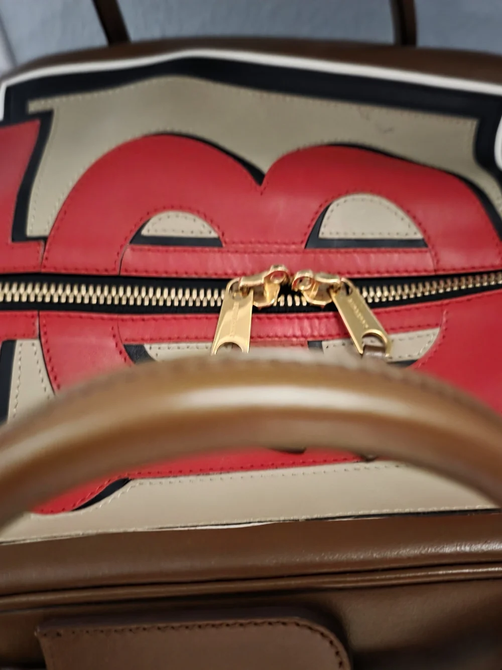 BURBERRY Designer Brown Leather Tote with Red Accent Front Panel